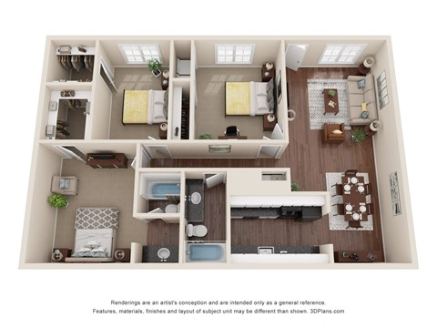 Floor plan for 3 beds, 2 baths, 1300 sqft